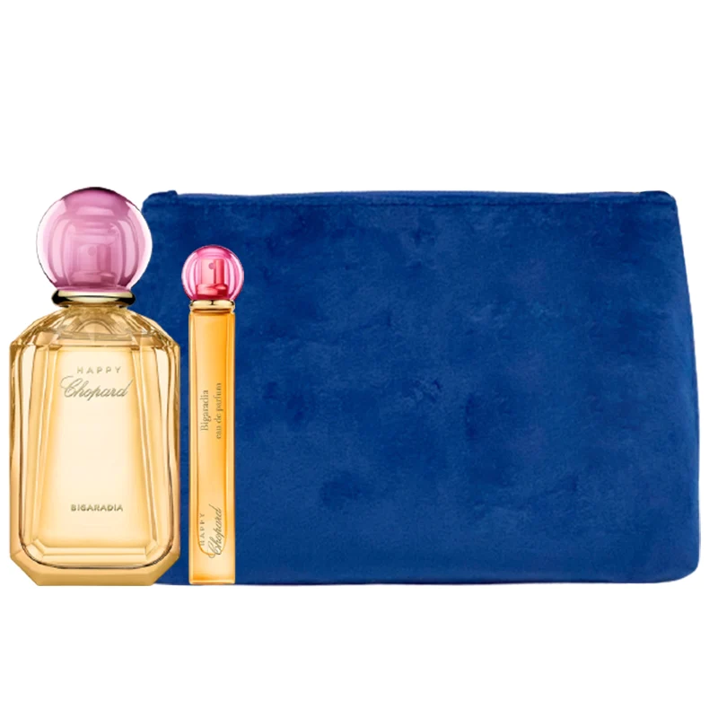 Coffret Parfumerie Luxury Naturals Chopard: Happy Bigaradia Eau De Parfum pour femme 100 ml + Happy Bigaradia Eau De Parfum pour femme 10 ml + Chopard Trousse de toilette pour femme en cuir synthétique bleu 2,4 x 9 x 6,2 cm