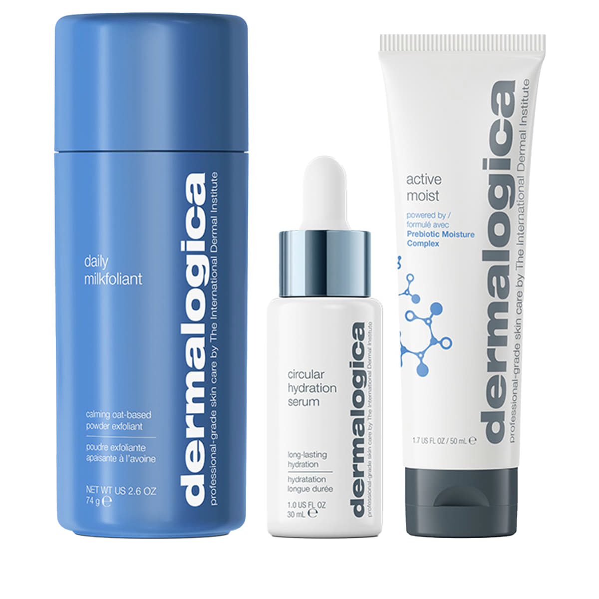 Smooth + Moisturizing Set Dermalogica: Daily Exfoliating Powder Milk 74 g + Active Hydrating Prebiotics Moisturizing Face Cream 50 ml + Circular Hydration Hyaluronic Serum Face 30 ml