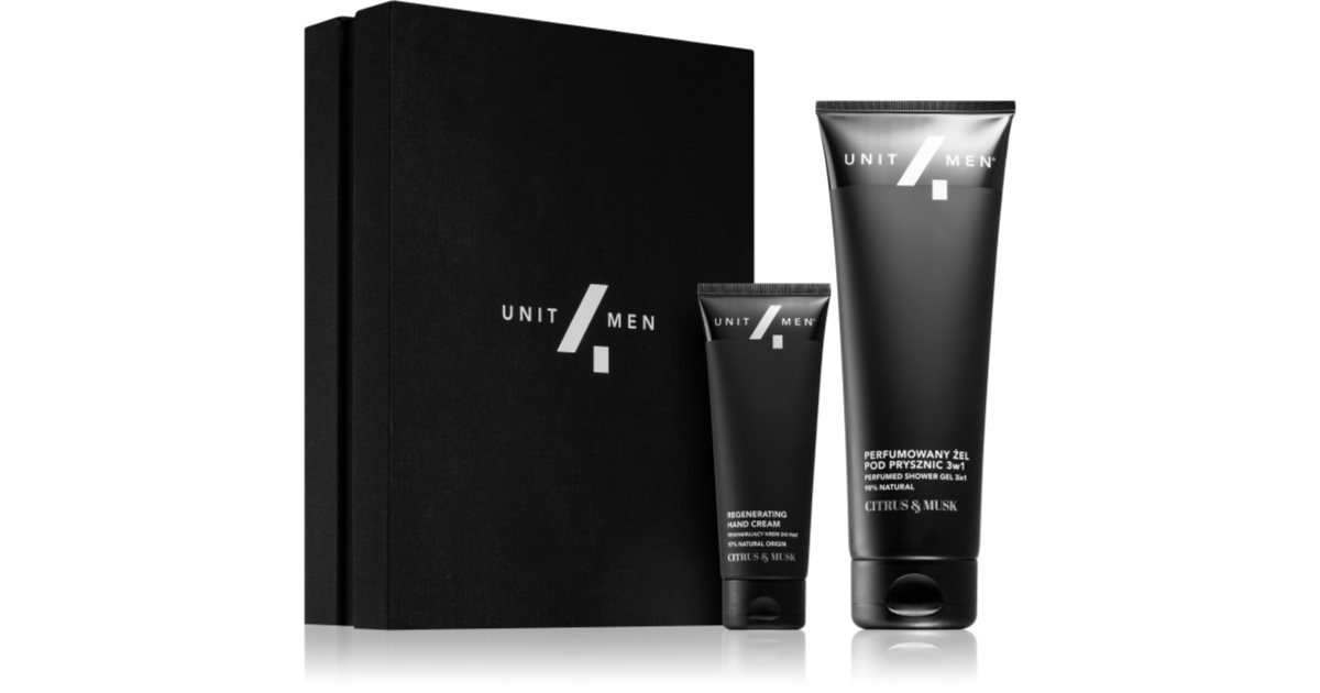 Unit4Men Citrus & Musk set per una pelle idratata shampoo, balsamo e gel doccia 3 in 1 con profumazione 200 ml + crema rigenerante mani 75 ml