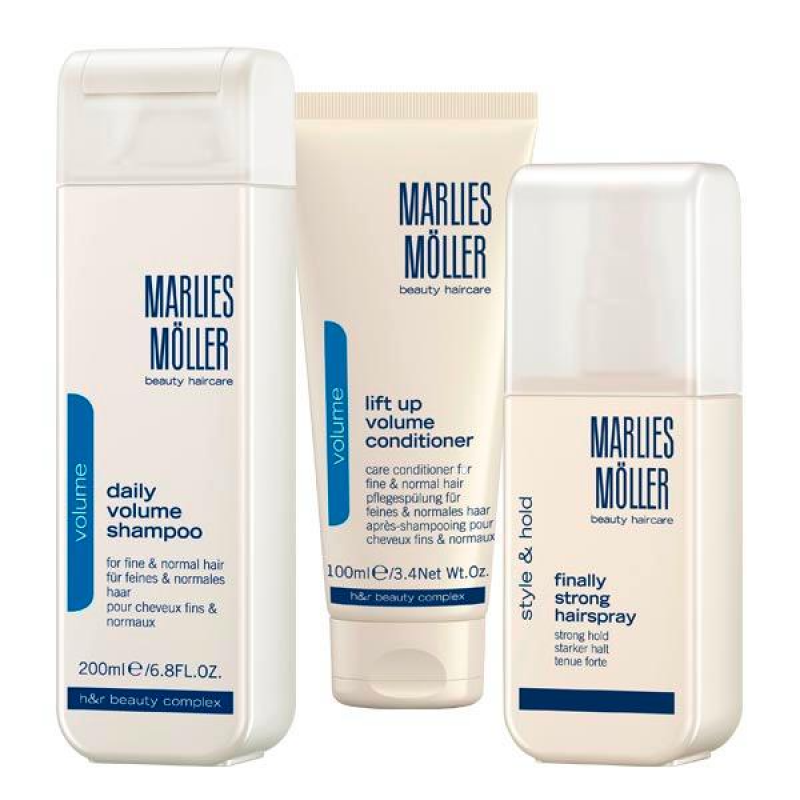 Set Natalizio Marlies Moller: Balsamo per Capelli per Volume 100 ml + Spray per Capelli Finalmente Forte per Styling a Tenuta Forte 125 ml + Shampoo per Capelli con Volume Giornaliero 200 ml