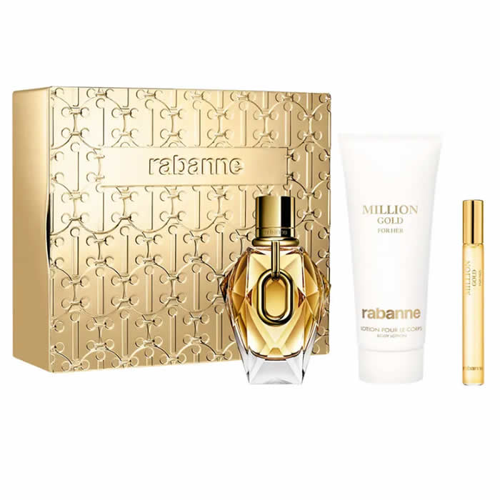 Rabanne Million Gold för hennes Eau De Parfum Spray 90 ml set med 3 delar