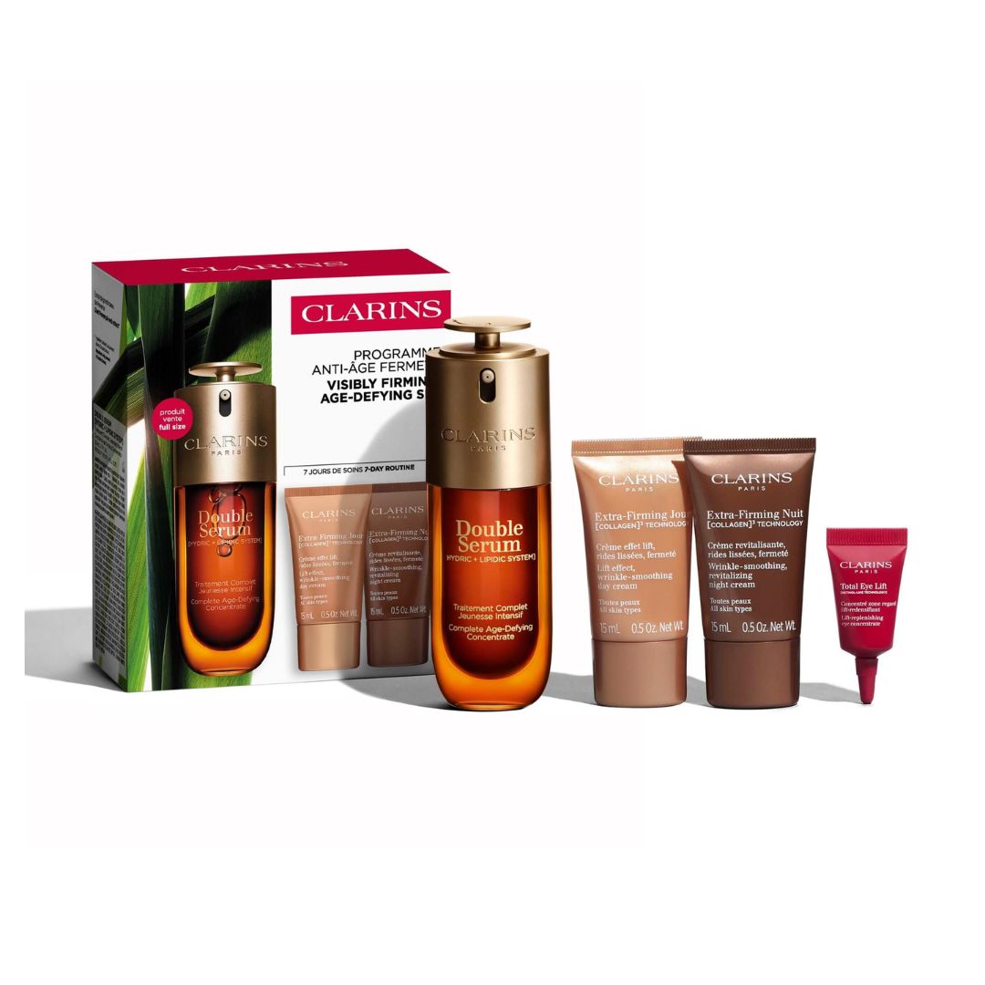 Clarins Double Serum &amp; Extra-Firming — cofanetto anti-età viso con siero, crema giorno, crema notte e contorno occhi
