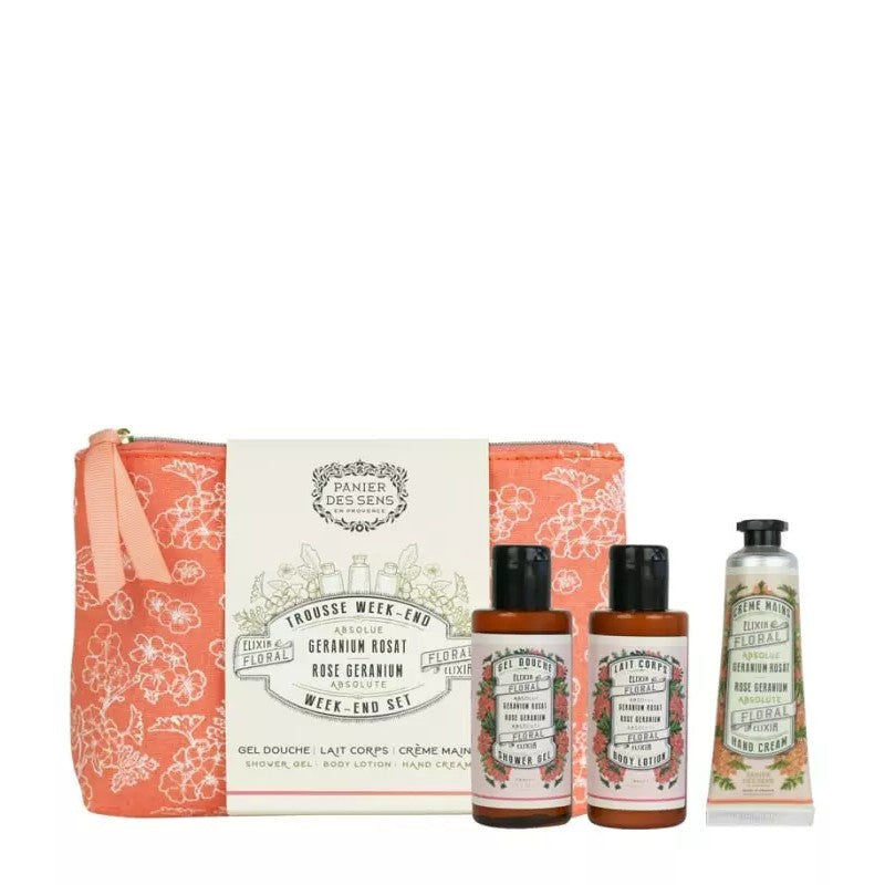 Panier des Sens Rose Geranium Week-End Set 4-teilig: Duschgel, Körperlotion, Handcreme