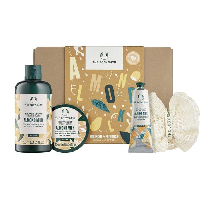 The Body Shop Nourish &amp; Flourish Almond Milk — set cura corpo (sh/cr/250ml + body/cr/200ml + h/cr/30ml + body/wash)