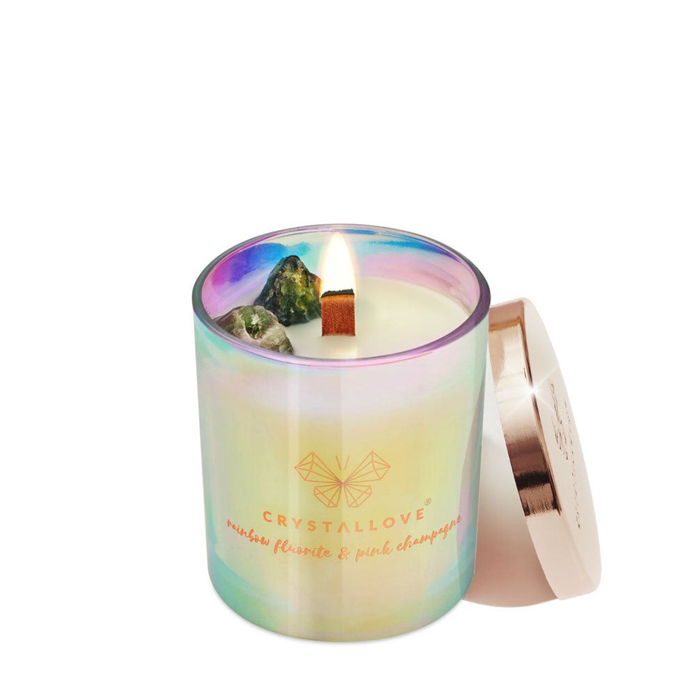 Crystallove Candela di soia fluorite arcobaleno e champagne rosa 220 g — Candela profumata