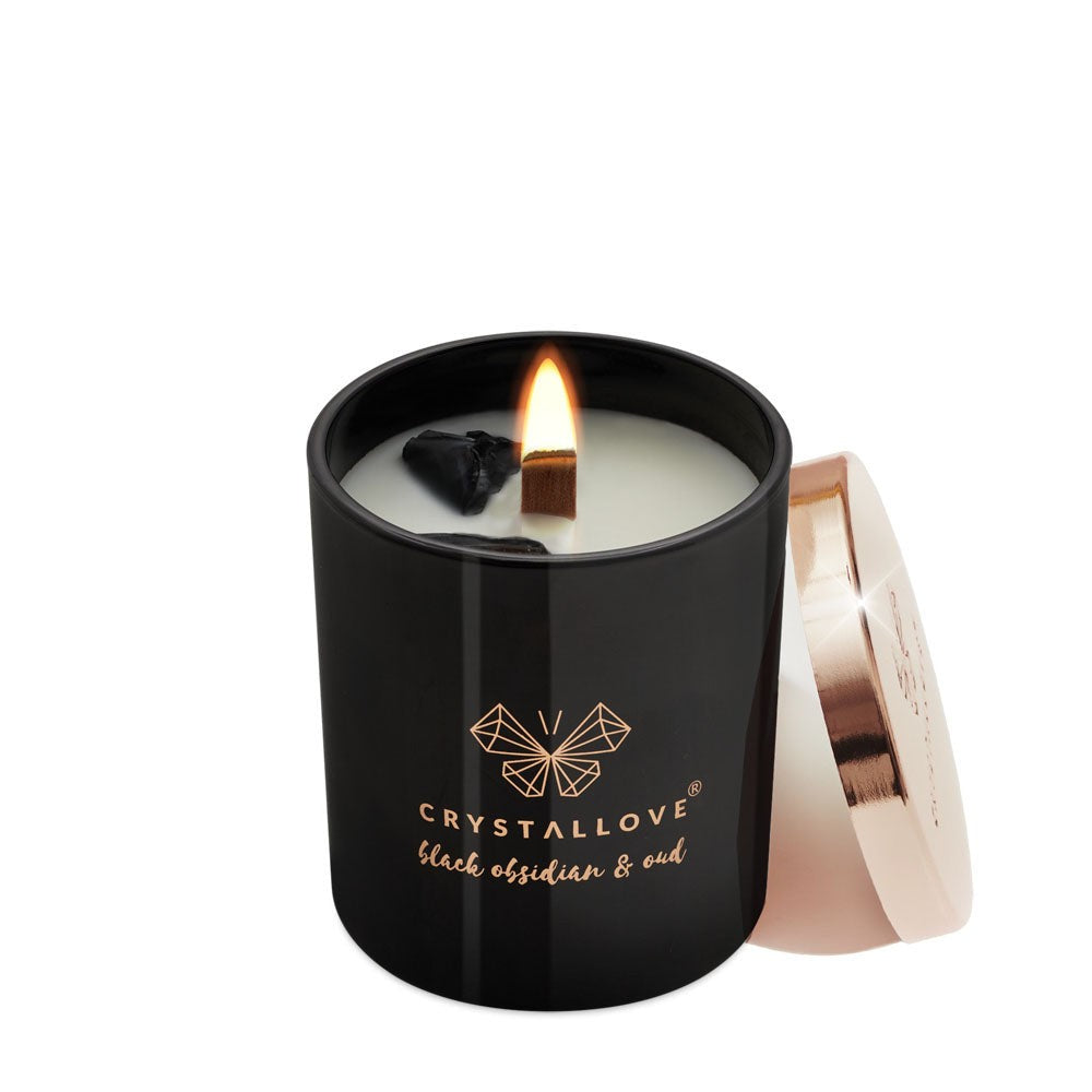 Crystallove Bougie en cire de soja obsidienne noire et oud 220 g — Bougie parfumée
