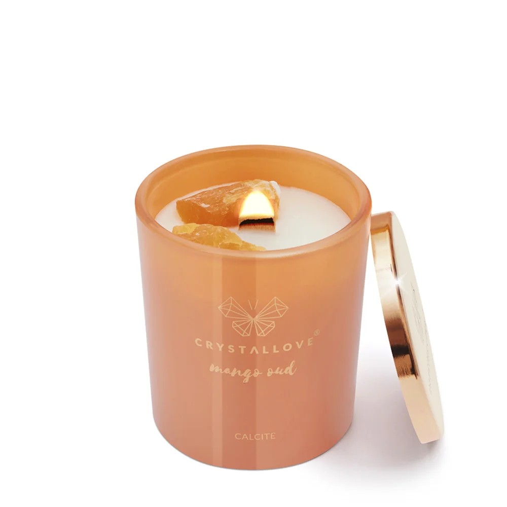 Crystallove Candela di soia calcite mango e oud 400 g — Candela profumata