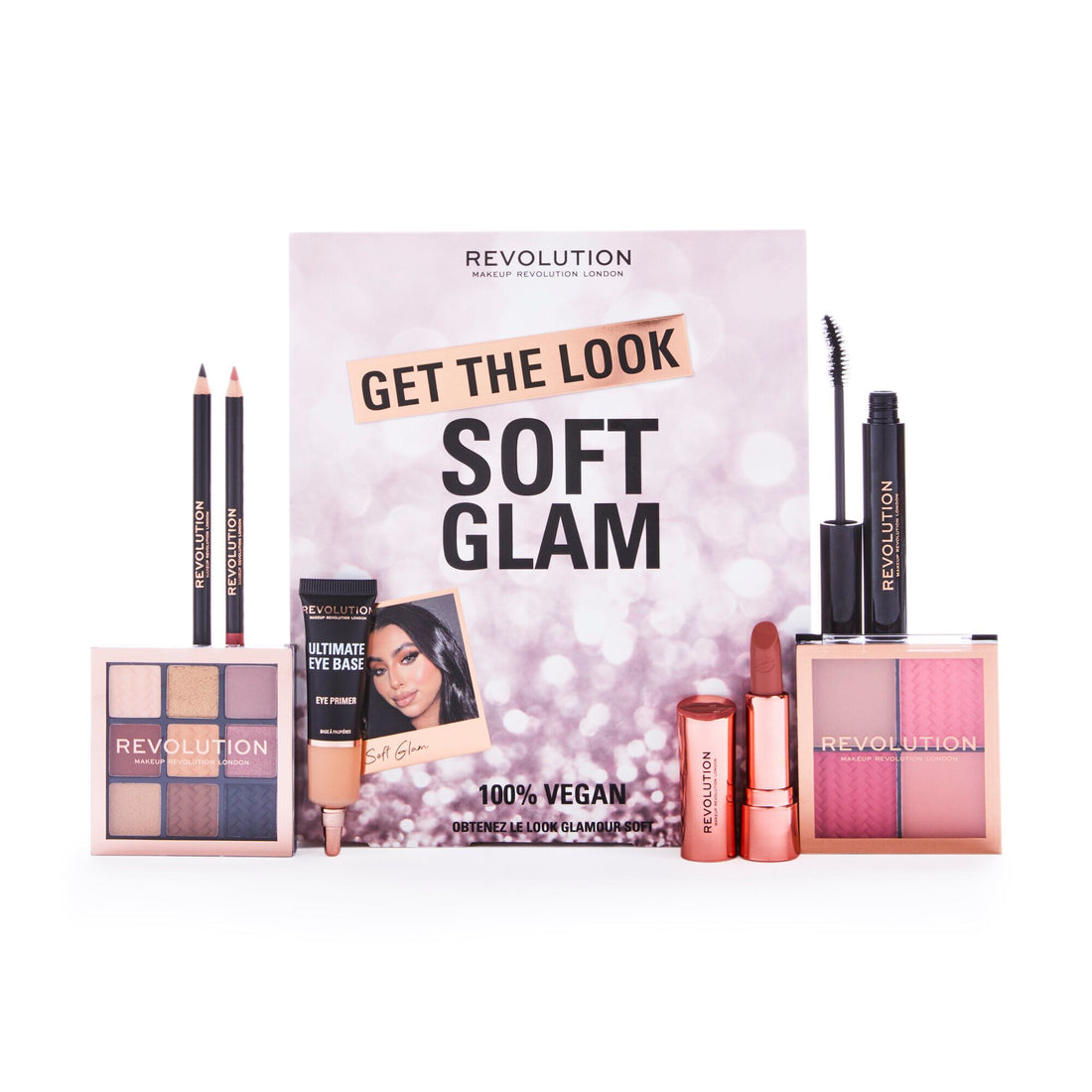 Get The Look - Soft Glam Set Makeup Revolution: Rossetto Satin Kiss Cream Chauffeur 3,5 g + Matita labbra Satin Kiss Chauffeur 1,15 g + Primer occhi Ultimate Eye Base 15 ml + Palette ombretti Soft Glam + Palette viso Soft Glam