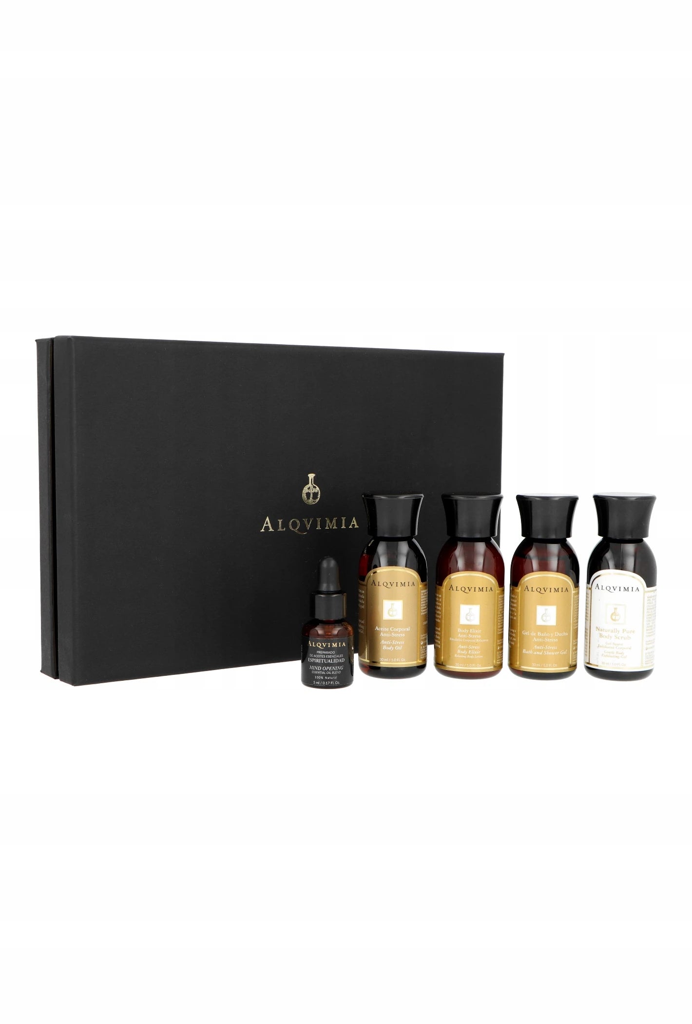 Alqvimia Supreme Beauty &amp; Spa Experience Calm kit: olio corpo antistress 30ml + elisir corpo antistress 30ml + bagnoschiuma antistress 30ml + scrub corpo naturalmente puro 30ml + preparazione oli essenziali spiritualità 5ml