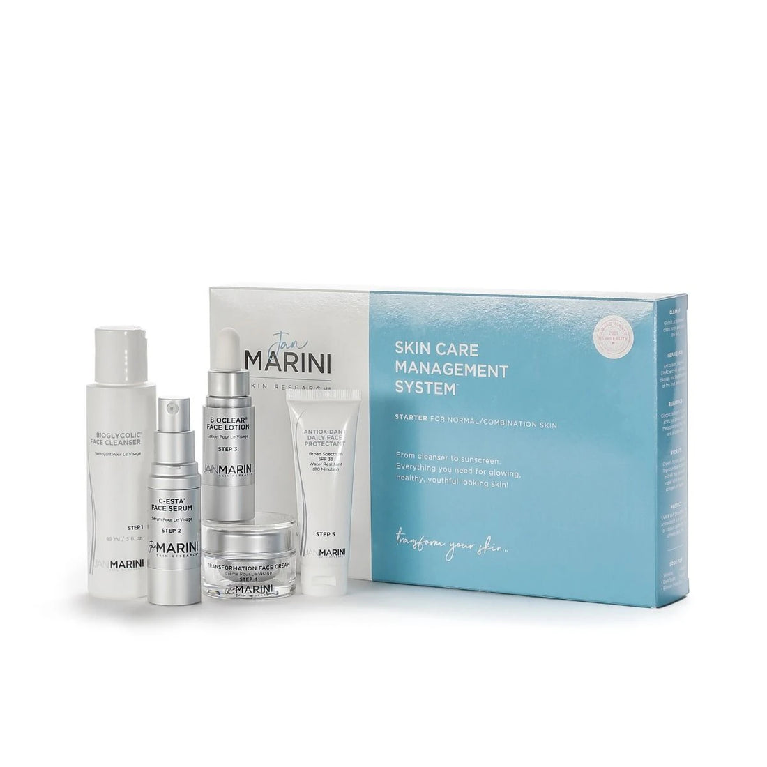Jan Marini Starter Skin Care Management System: Bioglycolic Facial Cleanser 89 ml + C-ESTA Facial Serum 30 ml + Bioclear Facial Lotion 30 ml + Transforming Facial Cream 28 g + Daily Facial Protective Antioxidant 57 g