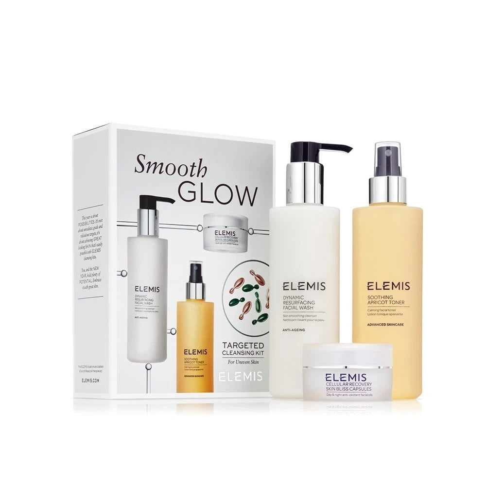 Elemis Smooth Glow Cleansing kit: Elemis Dynamic Resurfacing facial wash 200ml + Elemis Soothing Apricot toner 200ml + Elemis Cellular Recovery Skin Bliss capsules 14 capsules