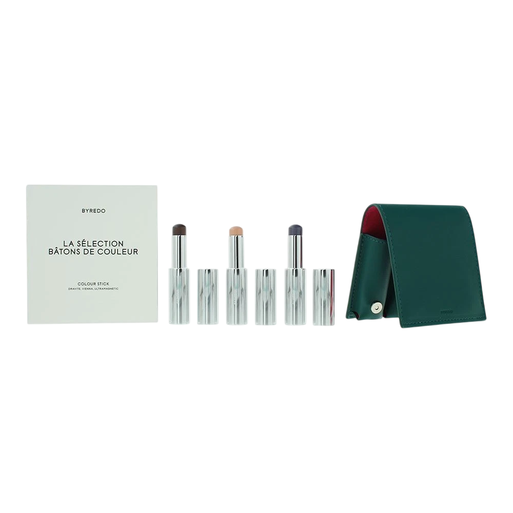 Set Byredo Deep Teal: Ombretto Stick 509 Solar Flare 3,5 g + Ombretto Colour Stick Kumato 3,5 g + Ombretto Colour Stick Flower Play 3,5 g + Astuccio in pelle