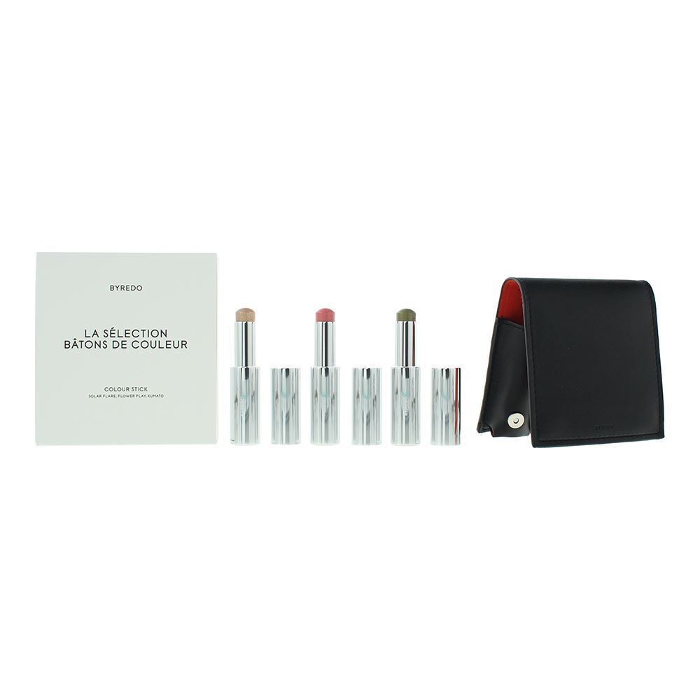Set arancione Byredo: Colour Stick Ombretto 509 Solar Flare 3,5 g + Ombretto in stick Kumato 3,5 g + Ombretto in stick Flower Play 3,5 g + pochette