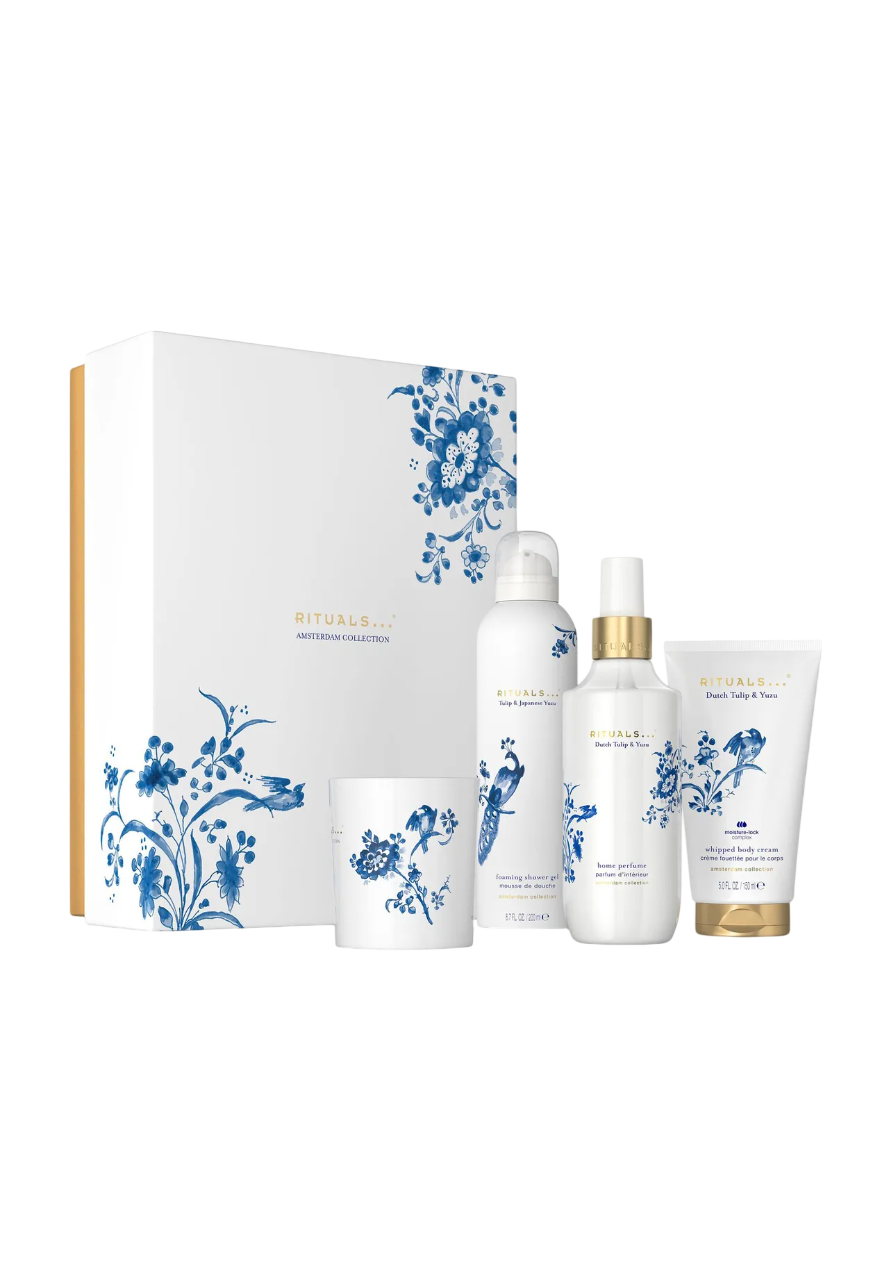 Set Rituali: Collezione Amsterdam, Detersione, Mousse doccia, 200 ml + Collezione Amsterdam, Idratante, Crema corpo, 150 ml + Collezione Amsterdam, Candela profumata, 140 g + Collezione Amsterdam, Tulipani olandesi, Cardamomo e Yuzu giapponese, Spray p…