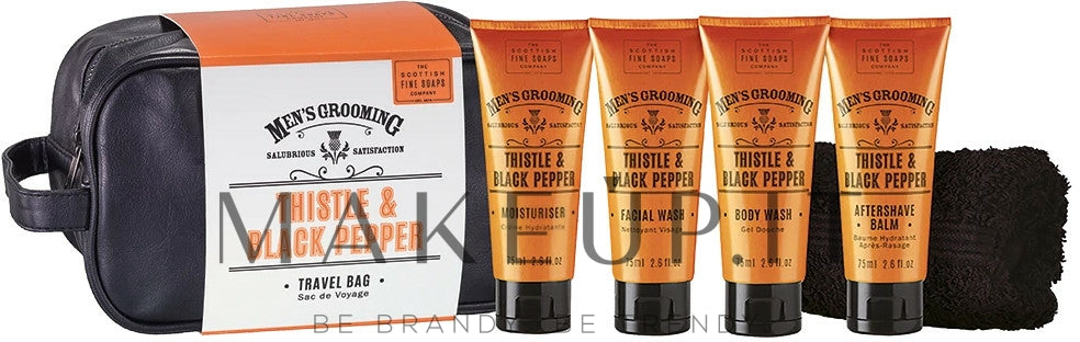 Set Scottish Fine Soaps Mens Grooming Thistle &amp; Black Pepper Travel Bag (sh/gel/75ml + f/wash/75ml + a/sh/balm/75ml + f/cr/75ml + towel + bag)