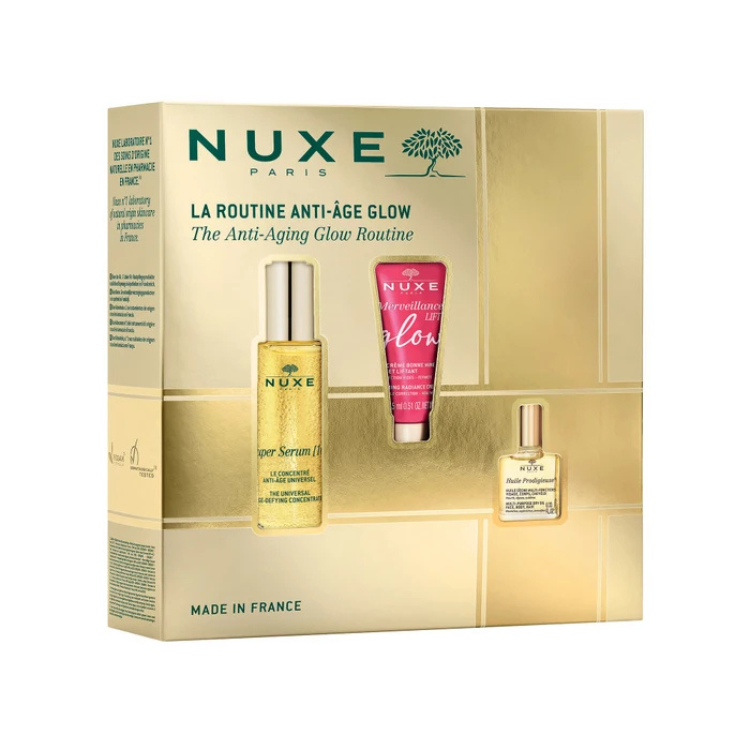 Anti-aging glow routine set Nuxe: Super Serum [10] Vegan Anti-Aging Day &amp; Night Serum for Face &amp; Neck 30ml + Merveillance Luminous Firming Cream for Face 15ml + Rich Multi-Purpose Body Oil for Face &amp; Hair 10ml