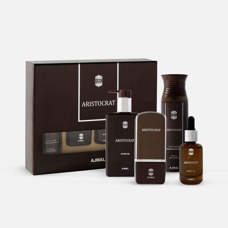 Satz Ajmal: Aristocrat Eau de Parfum 75 ml + Bartöl zur Feuchtigkeitsversorgung 30 ml + reinigendes Duschgel für alle Hauttypen 200 ml + Antitranspirant-Deodorant-Spray für Männer 200 ml