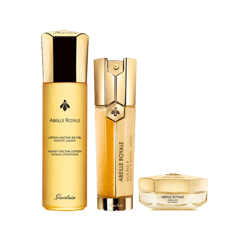 Abeille Royalle Trilogie Set Guerlain: Nettare lozione viso giorno 150 ml + Minimizer Crema contorno occhi anti-occhiaie 15 ml + Double Expert Crema anti-età per il viso 50 ml
