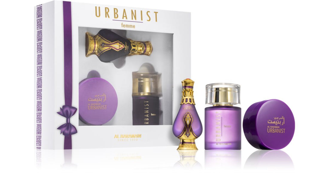 Al Haramain Set Parfum Urbanist cutie cadou pentru femei Al Haramain Urbanist Apa de Parfum 100ml + Al Haramain Ulei parfumat Urbanist ulei parfumat 20 ml + tămâie Bukhoor pentru casă 40 g