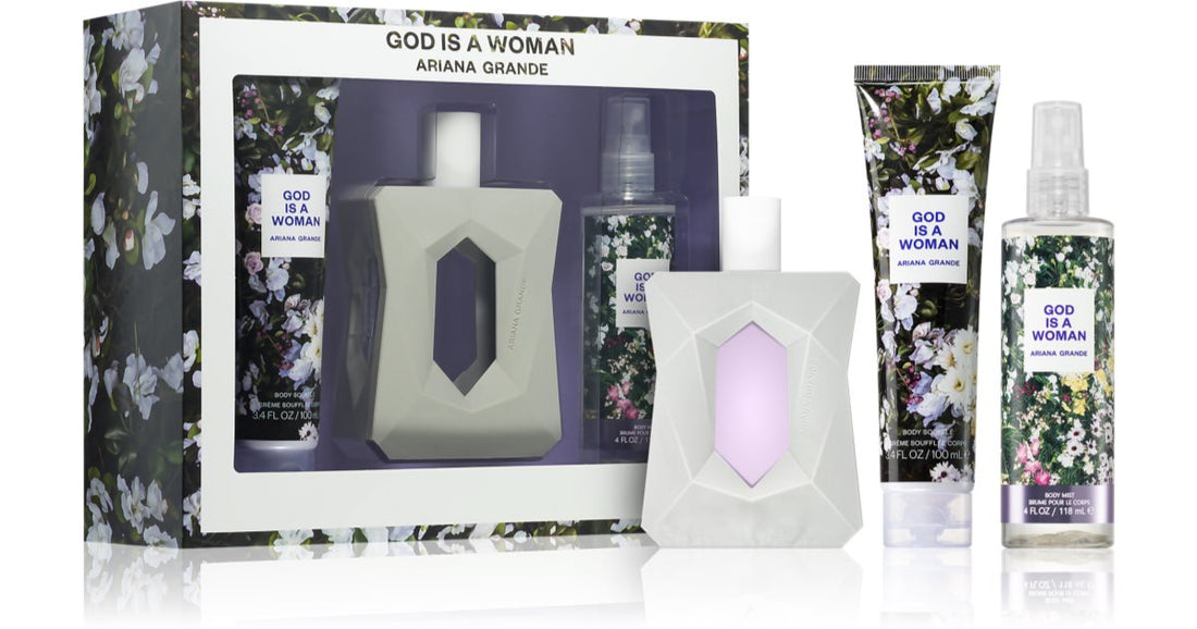 Ariana Grande مجموعة هدايا God Is A Woman بخاخ أو دو بارفان 100 مل، معطر جسم 120 مل، سوفليه للجسم 100 مل