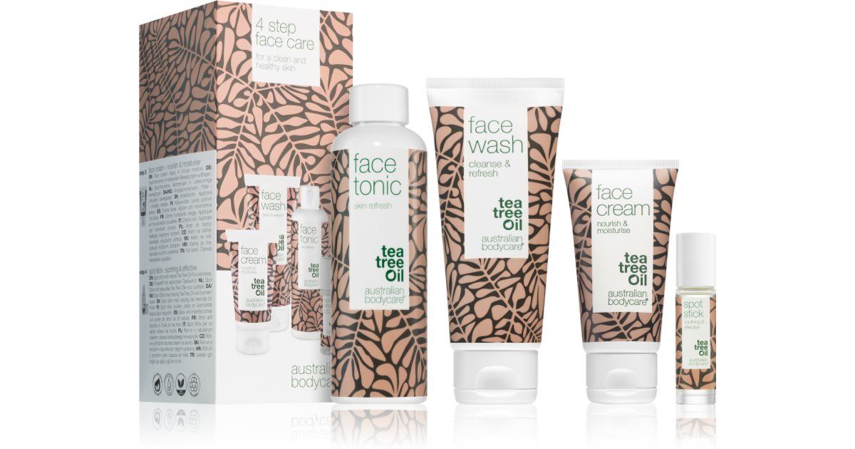 Australian Bodycare 4 Steps Face Care Kit geschenkdoos (voor een perfecte huid) gezichtsreinigingsgel 100 ml + hydraterende gezichtscrème 50 ml + diepreinigende toniclotion met plantaardige olie 150 ml + stick voor acne-gevoelige huid 9 ml