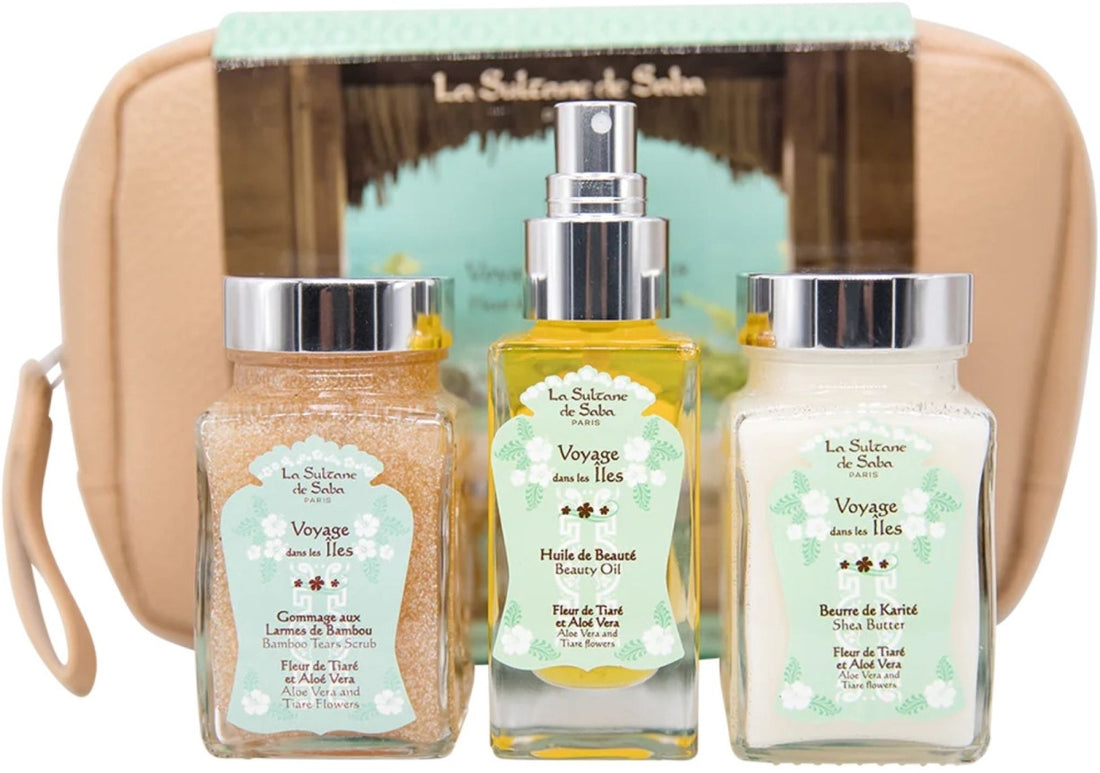 Set La Sultane De Saba Aloe Vera and Tiare Flowers Shea Butter (b/but/100ml + b/scr/100g + b/oil/50ml + pouch)