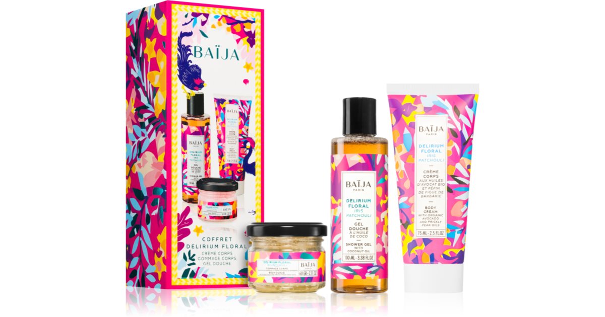 BAÏJA Delirium Blomstergavesæt til kvinder eksfolierende kropsrens 60 ml + fugtgivende kropscreme 75 ml + rensende shower gel 100 ml