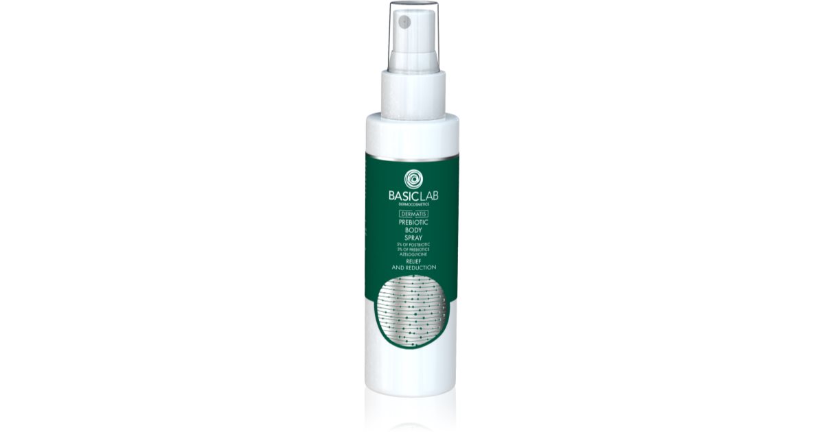 BasicLab Dermocosmetics Dermatis prebiotische vochtinbrengende vloeistof om de gevoelige huid te kalmeren in spray voor gezicht en lichaam 100 ml