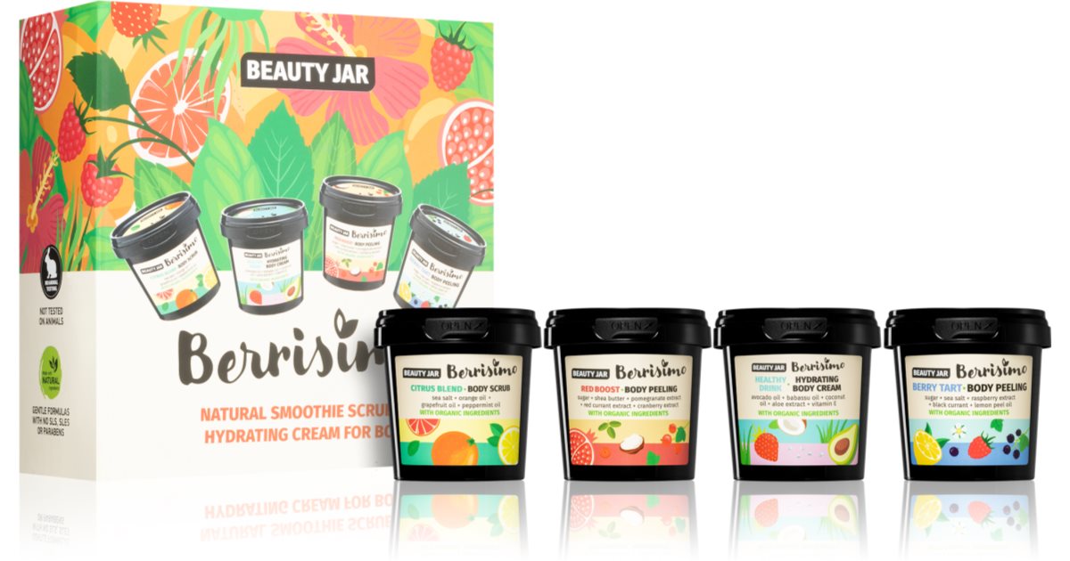 Beauty Jar Berrisimo-Geschenkbox (feuchtigkeitsspendende Wirkung) Citrus Blend-Körperpeeling 200 ml + Red Boost Zucker-Körperpeeling 160 ml + Healthy Drink feuchtigkeitsspendende Körpercreme 155 g + Berry Tart Zucker-Körperpeeling 200 ml