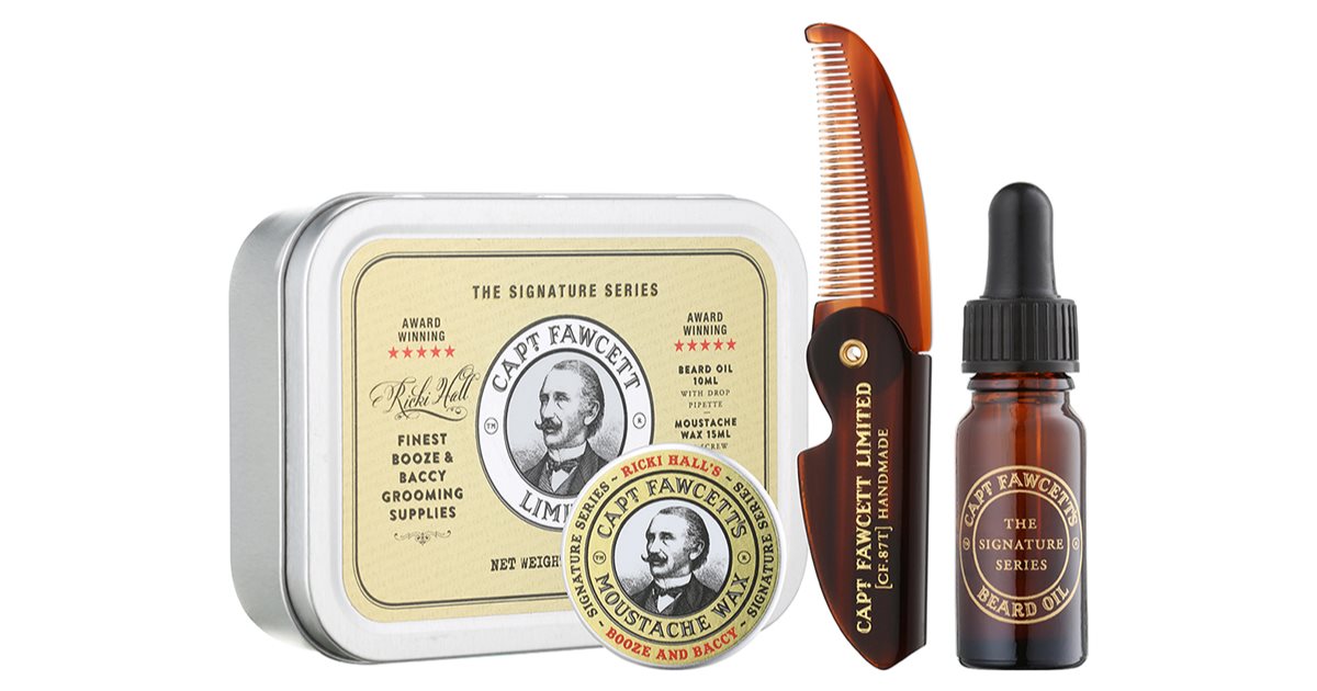 Captain Fawcett Ricki Halls presentförpackning (för skägg) för män skäggolja 10 ml + mustaschvax 15 ml + hopfällbar mustaschkam 1 st