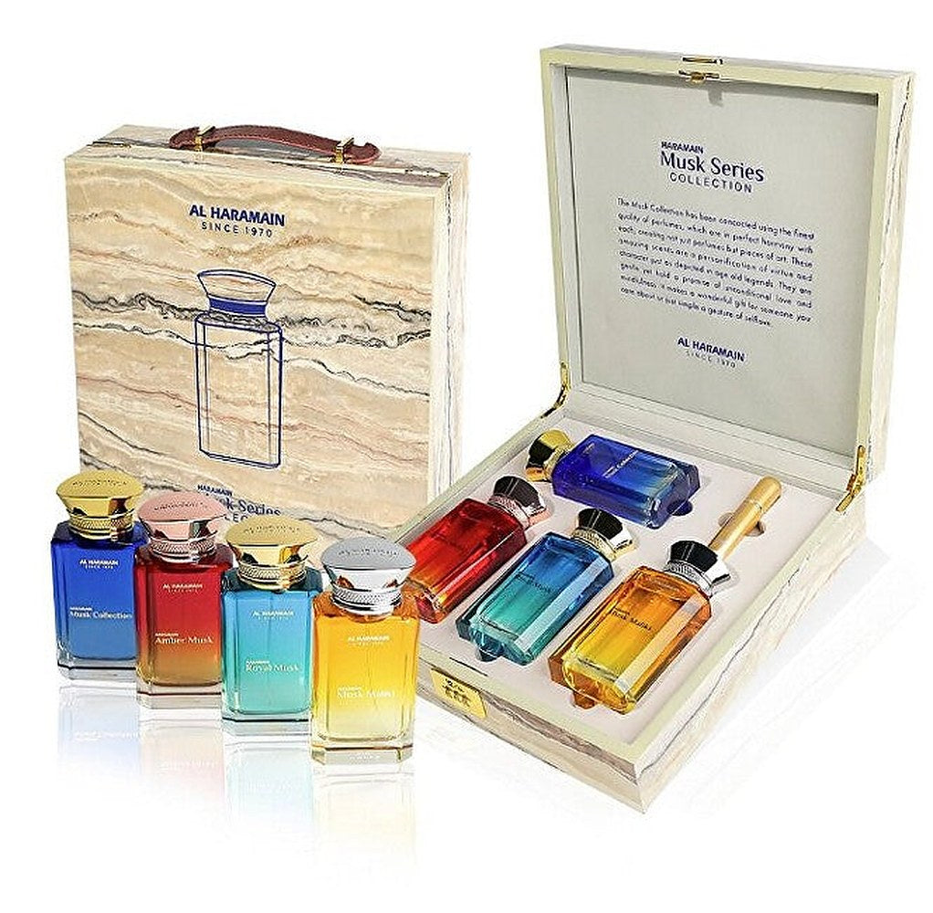 Al Haramain Musk Collection 4x100 ml + زجاجة قابلة لإعادة التعبئة — ماء عطر للجنسين