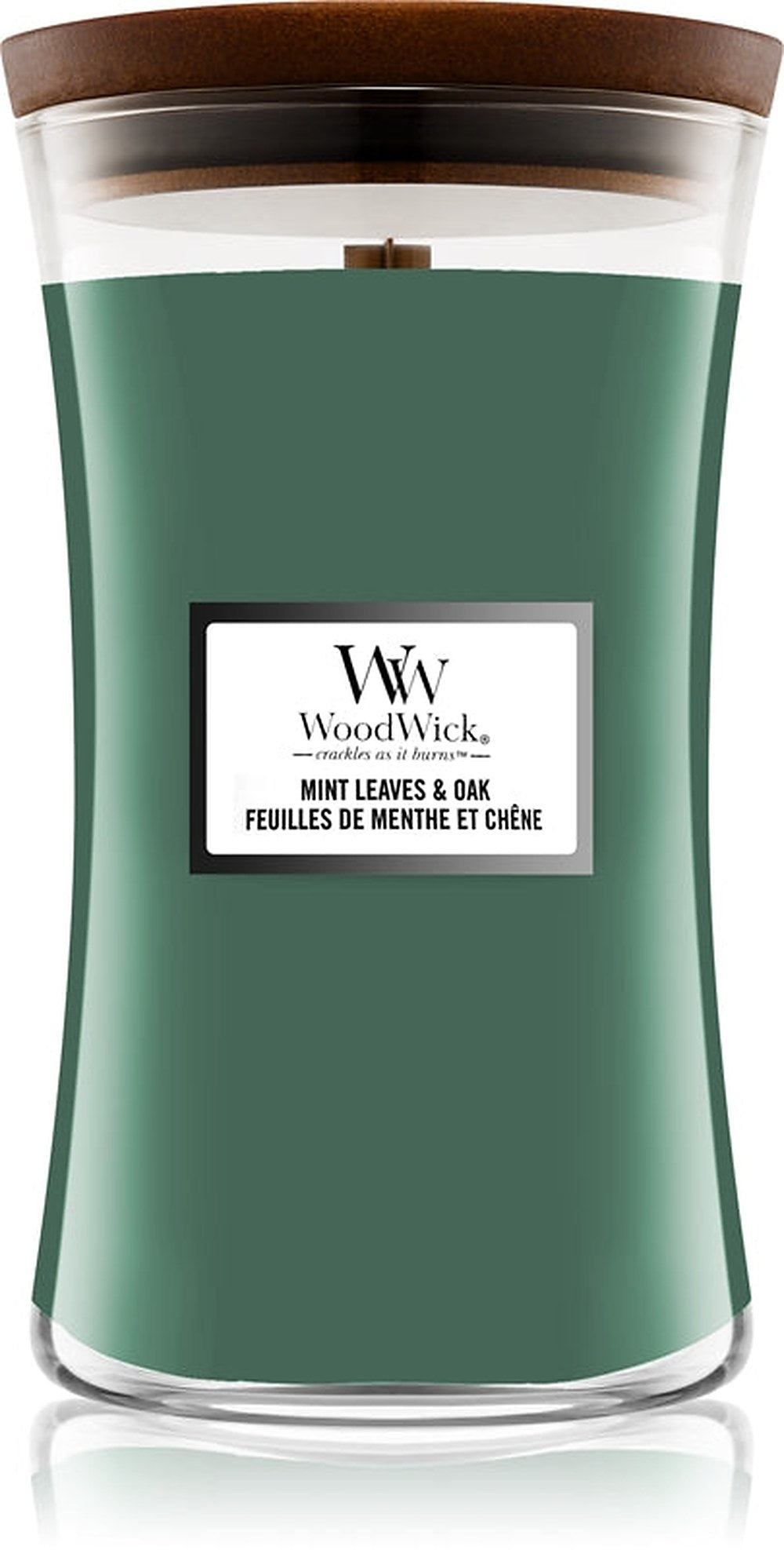 Woodwick Mint Leaves &amp; Oak bougie parfumée avec mèche en bois 609,5 g 