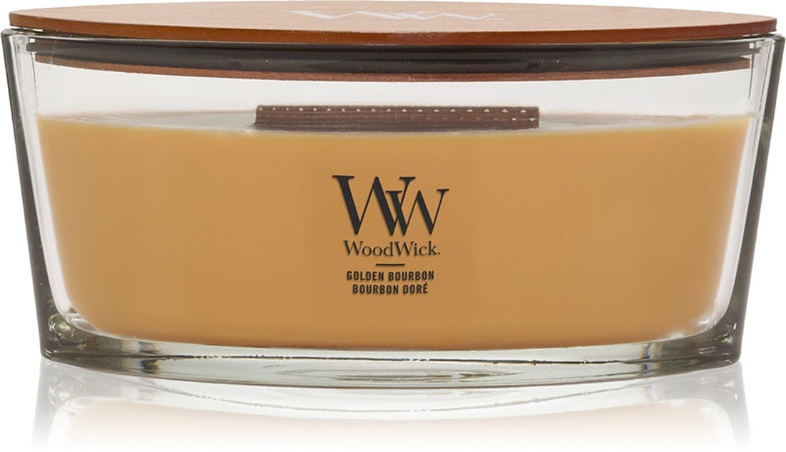 Woodwick Opulent Wood Golden Bourbon bougie parfumée avec mèche en bois (hearthwick) 453,6 g 