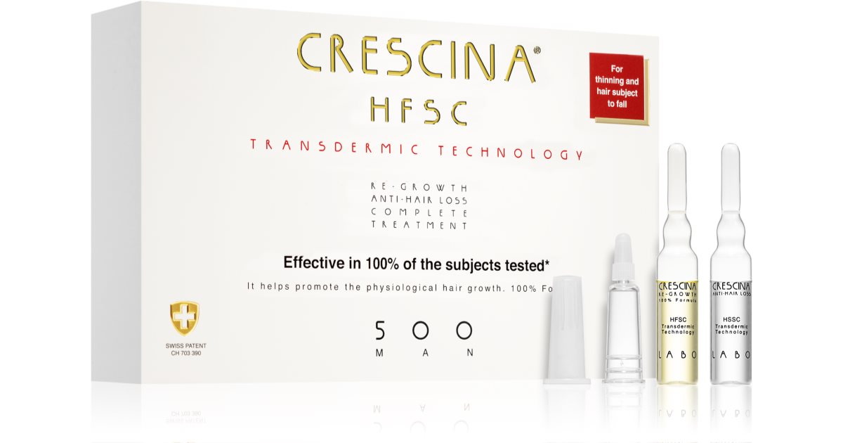 Crescina Transdermic 500 Re-Growth ja Anti-Loss Hiustenlähtöä Kasvuhoito Hoito miehille 40x3,5 ml