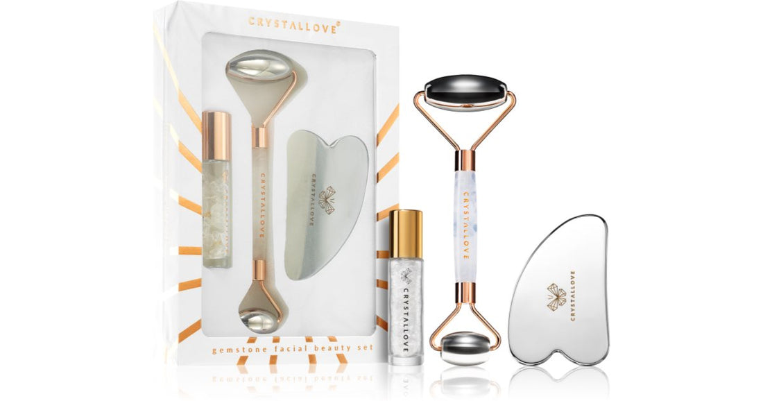 Crystallove Cryo Ice Beauty Set per una pelle levigata rullo per massaggi + attrezzi per i massaggi + Rock Crystal Bottle for Essential Oil roll-on