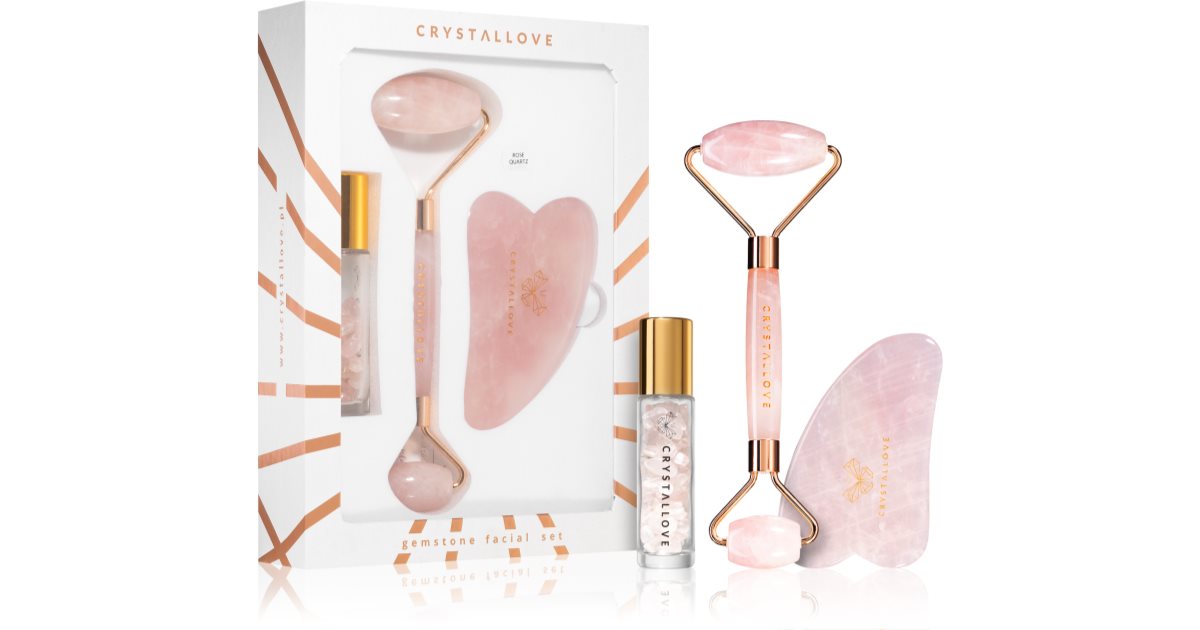 Crystallove Rose Quartz Beauty Set kit per la cura del viso Gua Sha Plate attrezzi per i massaggi + Roller rullo per massaggi per il viso + Roll-on con cristalli ricaricabile 10 ml