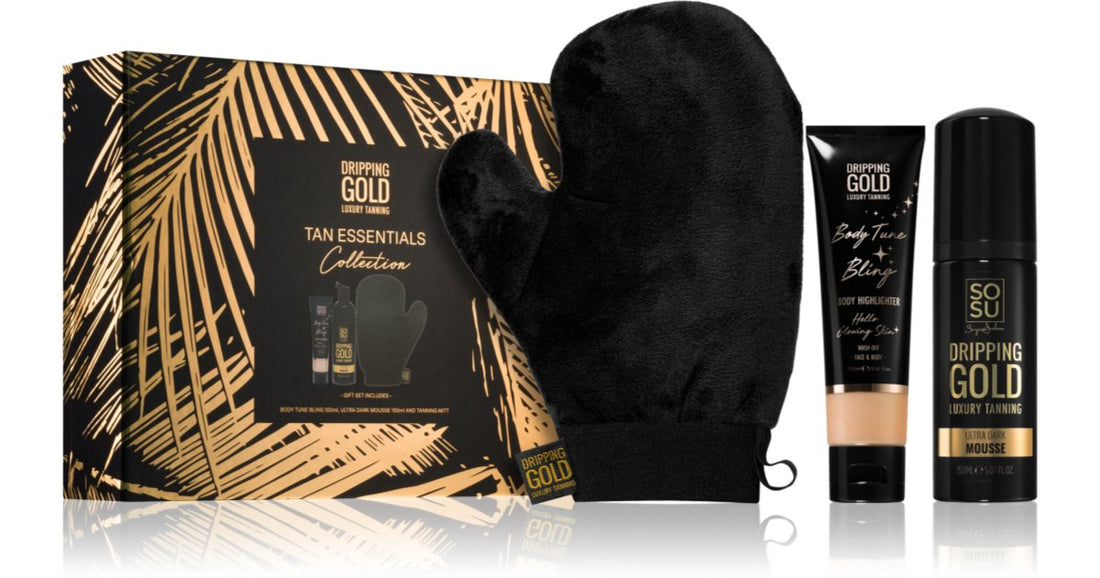 Dripping Gold Tanning Essentials cadeaupakket (met zelfbruinende werking) zelfbruinende mousse voor intense bruining 150 ml + body-emulsie met glitters 100 ml + applicatorhandschoen 1 st