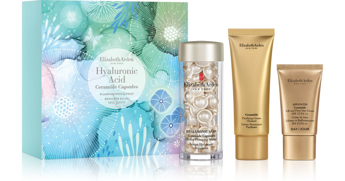 Elizabeth Arden Hyaluronsyre gavepakke (med ceramider) til kvinder Elizabeth Arden fugtgivende serum i 60 kapsler Elizabeth Arden rensecreme med ceramider 50 ml + Elizabeth Arden løftende og opstrammende dagcreme SPF 15 15 ml