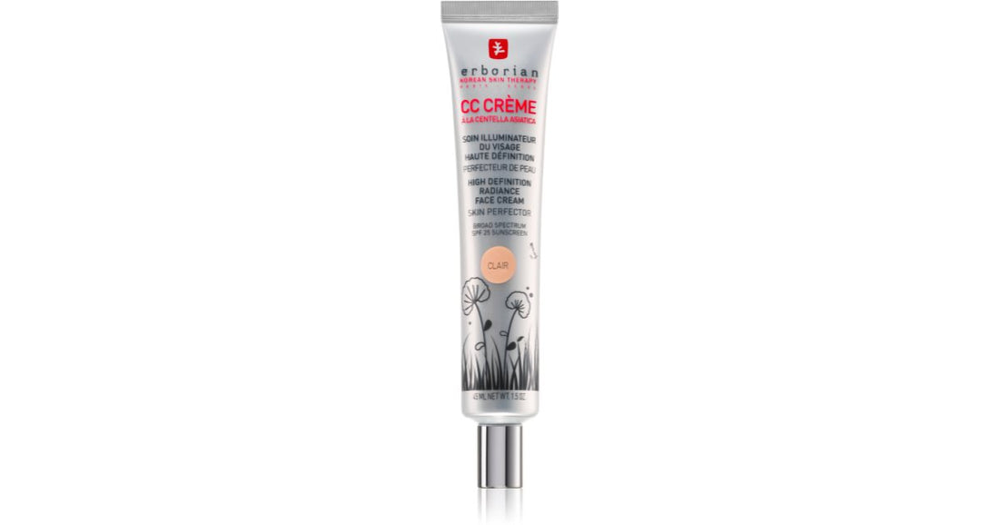 Erborian CC Crème Centella Asiatica crema illuminante per una tinta uniforme della pelle SPF 25 confezione grande colore Clair 45 ml