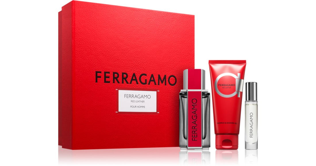 Ferragamo Red Leather lahjarasia miehille Ferragamo Red Leather Eau de Parfum 100 ml + suihkugeeli ja shampoo 2 in 1 100 ml + matkasuihke 10 ml