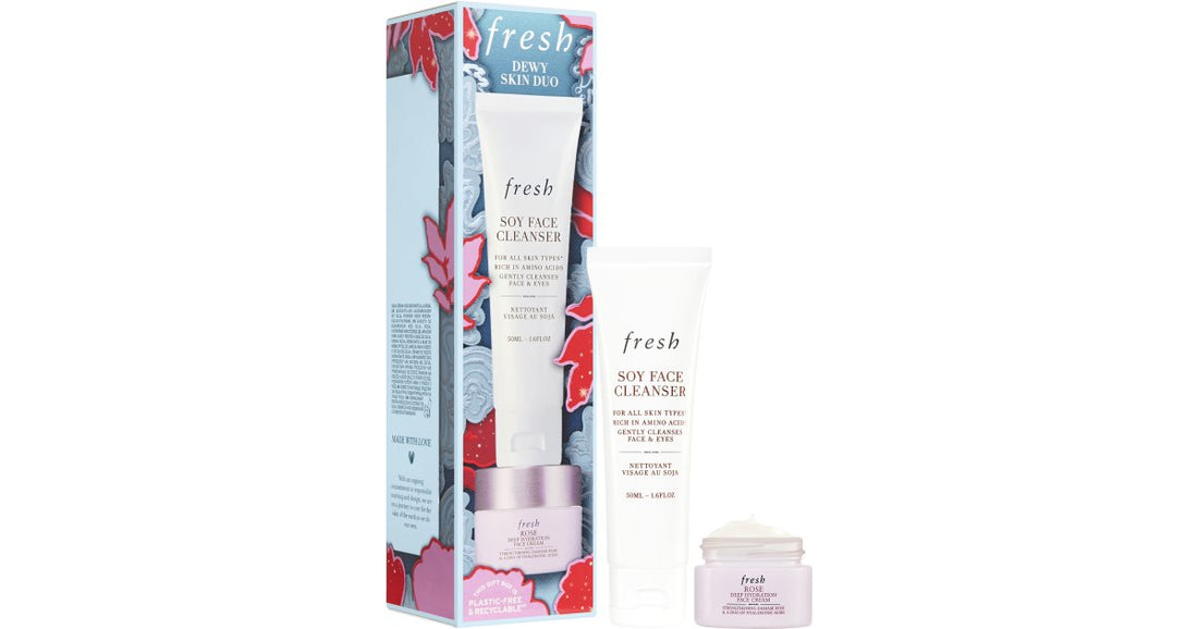 fresh Rose Dewy Skin Duo sæt Fresh Soja rensende make-up remover gel 50 ml + Fresh Rose Deep Hydration Fugtgivende ansigtscreme med hyaluronsyre 15 ml