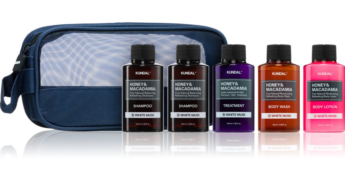 KUNDAL Honey &amp; Macadamia White Musk Travel Cosmetic Set for Body and Hair