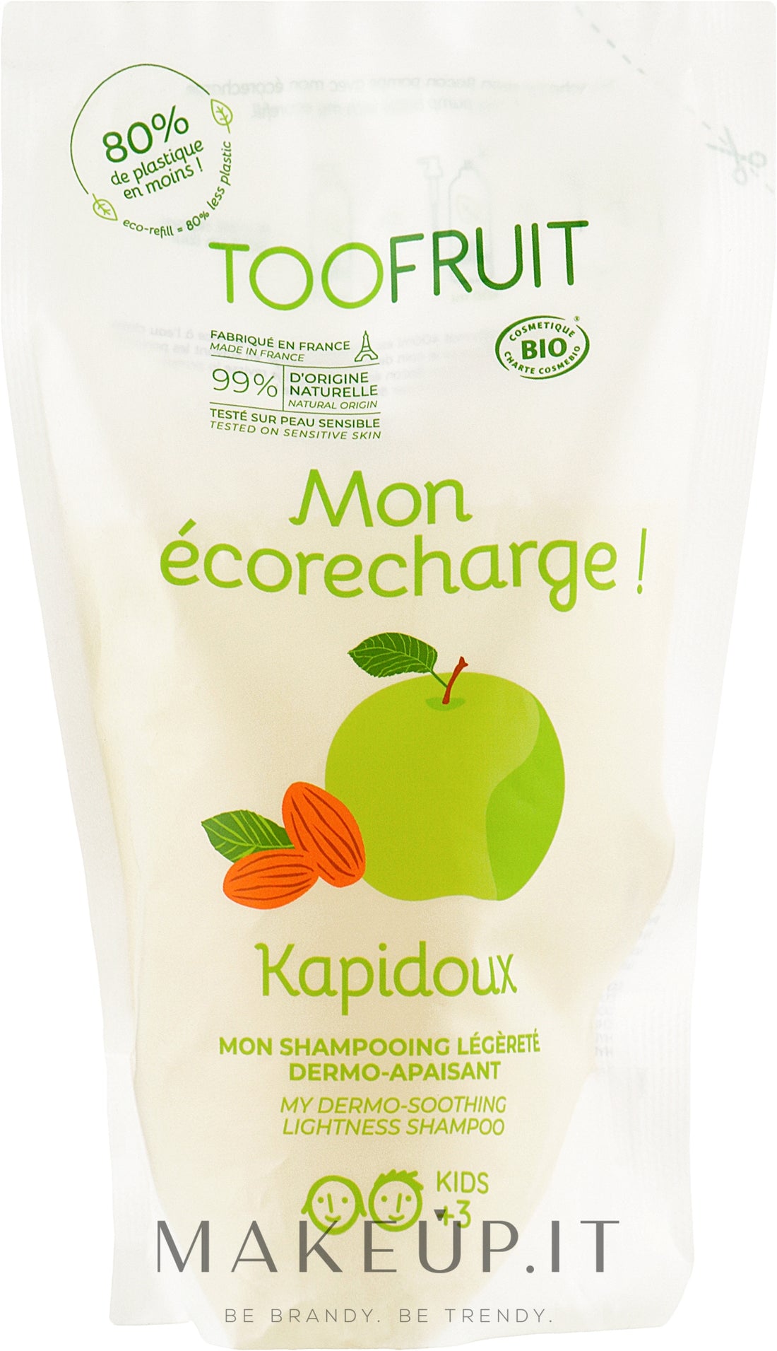 Lett emollient sjampo "Eple-mandel", for barn TOOFRUIT Kapidoux Dermo-beroligende sjampo (doypack) 400 ml