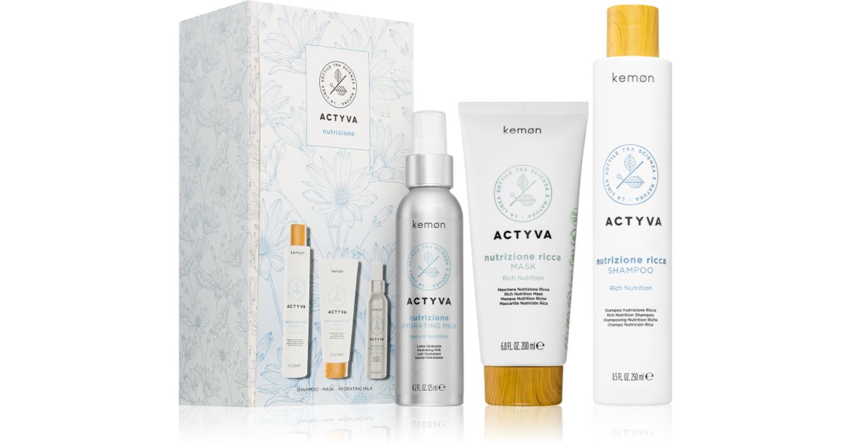 Kemon Pacote de presente Actyva Nutrition para cabelos secos shampoo nutritivo intenso para cabelos 250 ml + leite para cabelos 125 ml + maschera para cabelo 200 ml