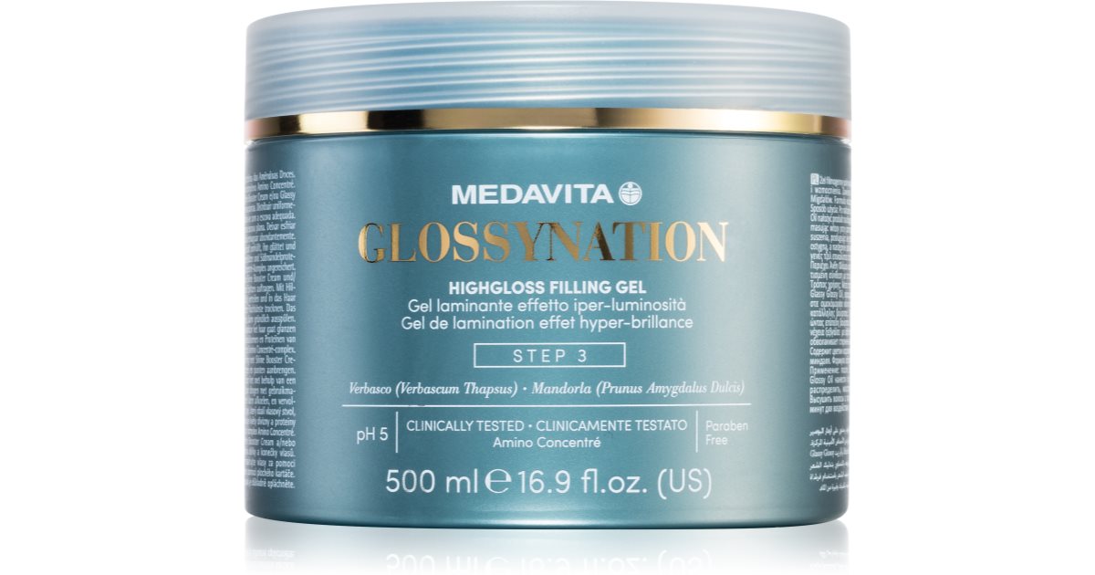 Medavita Glossynation Highgloss Filling Hair Gel laminointiin peiliefektillä 500 ml