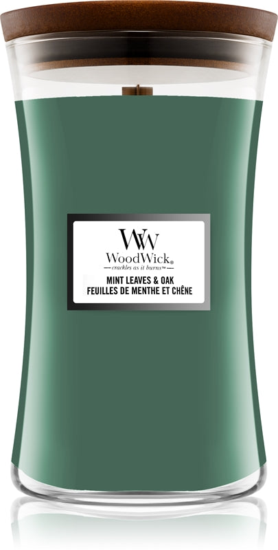 Woodwick Mint Leaves &amp; Oak candela profumata con stoppino in legno 609,5 g