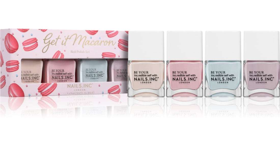 Nails Inc. Αποκτήστε το βερνίκι νυχιών Macaron Σετ σας μαρέγκα; βερνίκι νυχιών 14 ml + βερνίκι νυχιών Bake Me Happy 14 ml + With Sugar On Top βερνίκι νυχιών 14 ml + βερνίκι νυχιών Wardour Street 14 ml