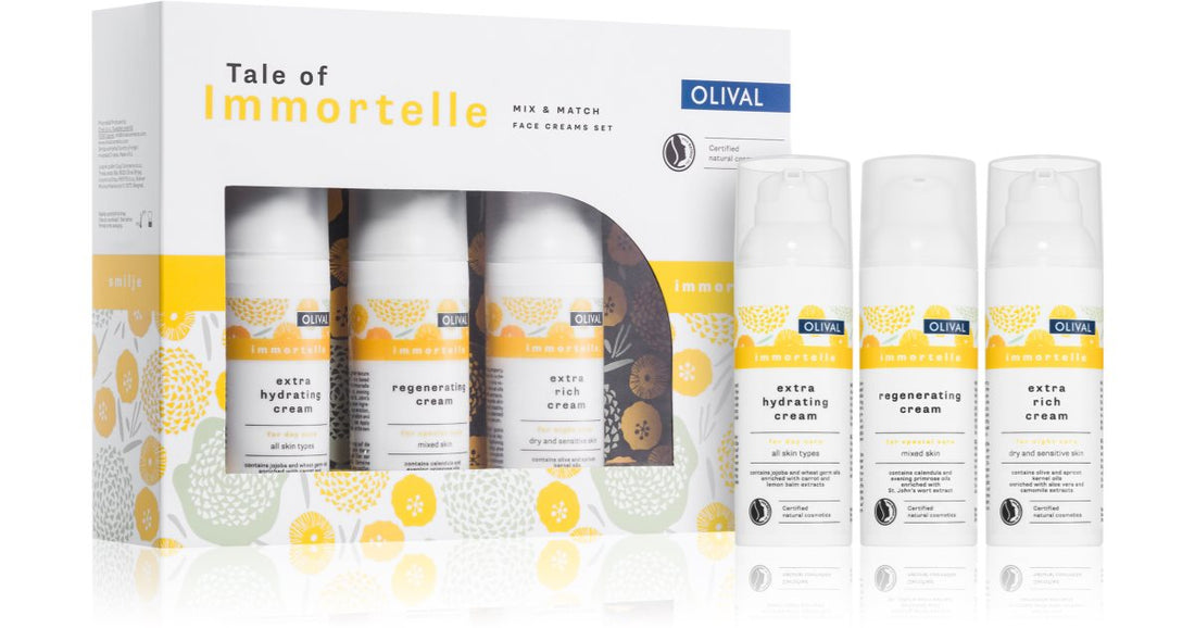 Olival Immortelle presentförpackning (för vacker hud) regenererande kräm för fet och kombinerad hud 50 ml + intensiv återfuktande kräm 50 ml + rik närande kräm 50 ml