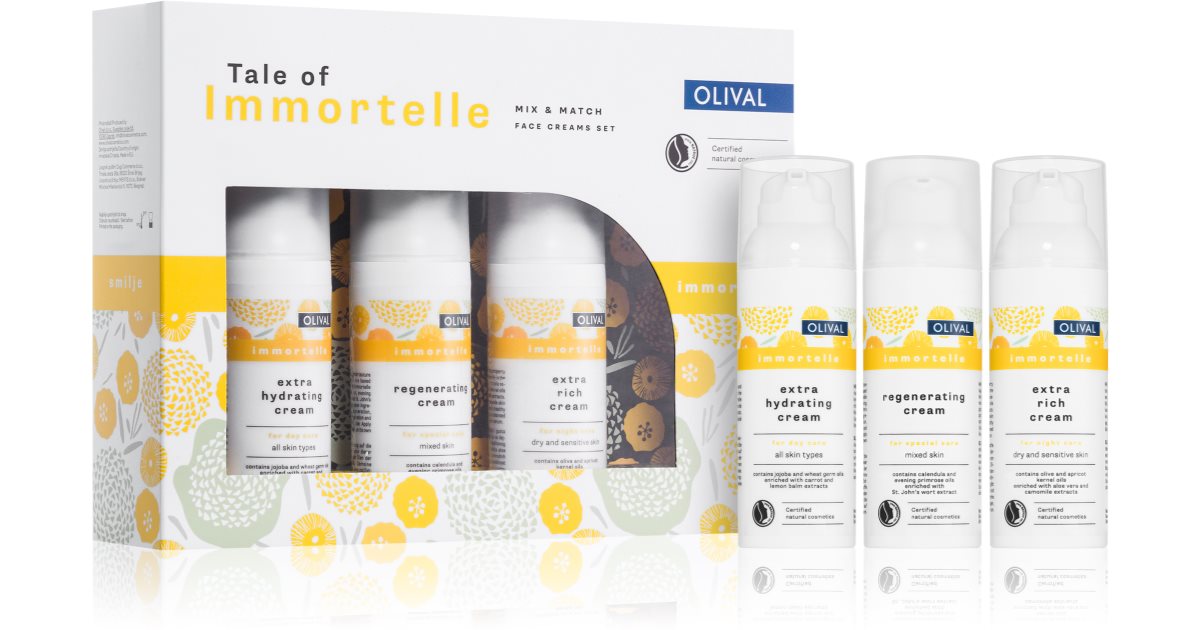 Olival Immortelle gaveeske (for vakker hud) regenererende krem for fet og kombinert hud 50 ml + intens fuktighetskrem 50 ml + rik nærende krem 50 ml