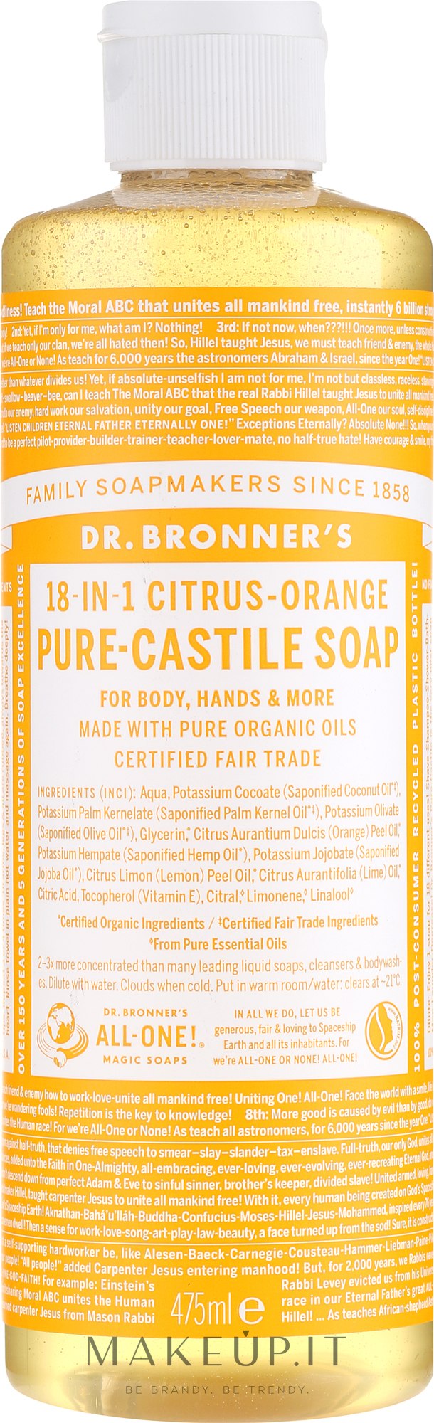 Sapone liquido "Agrumi e arancia" Dr. Bronner’s 18-in-1 Pure Castile Soap Citrus &amp; Orange 475 ml